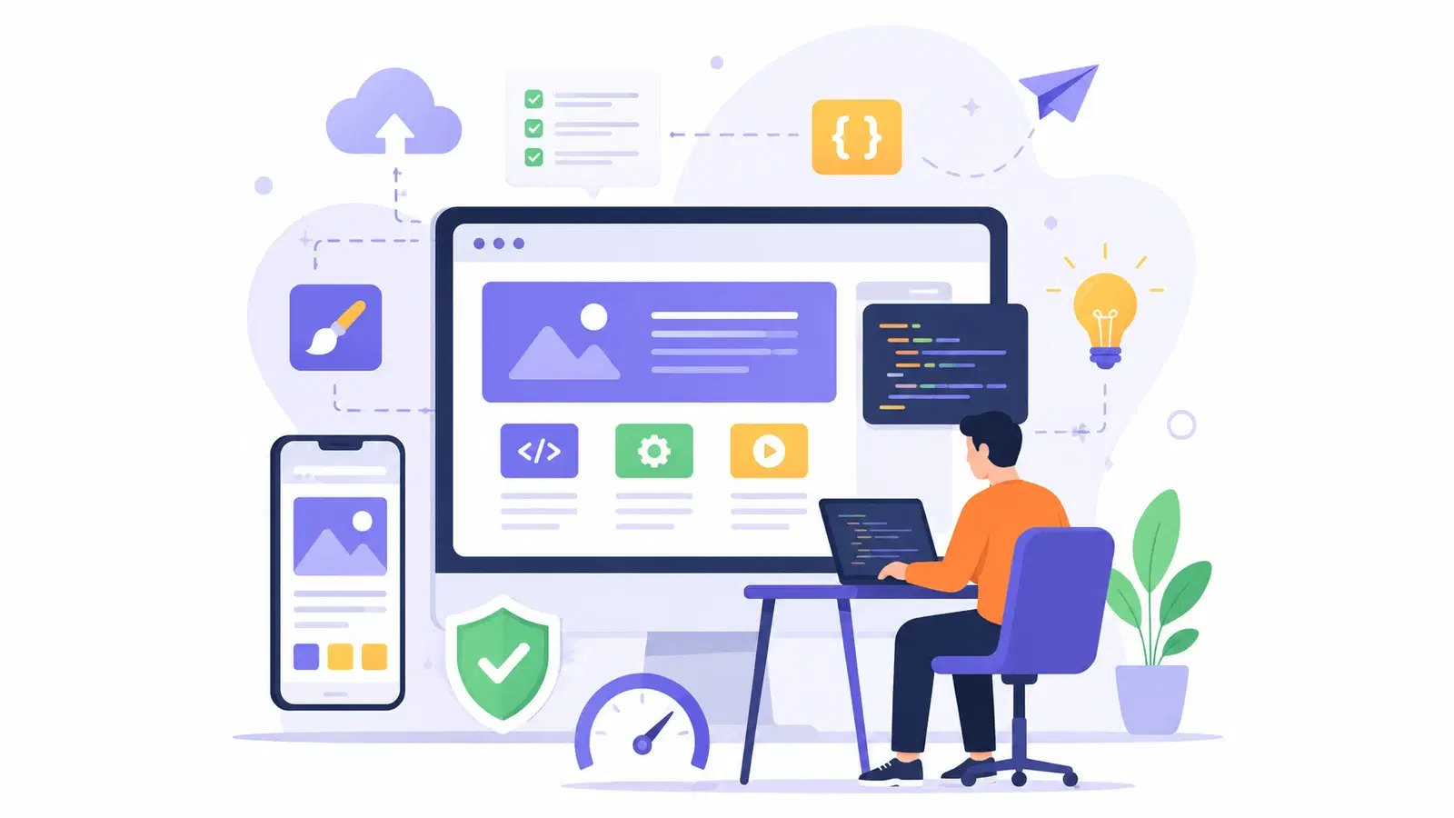 Flat illustration of a developer at a laptop building a website, surrounded by a browser layout, a phone view, a code panel, a security shield and a speed dial